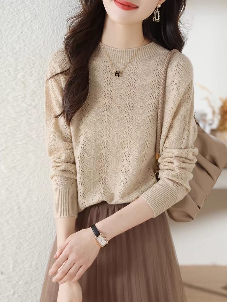 Spring long-sleeved ice silk sweater 2024 new style with hollow inside