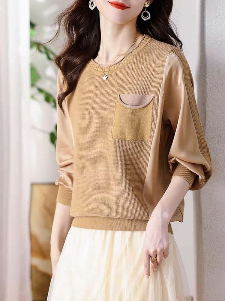 New spring and autumn long-sleeved ice silk sweater with inner hollow round neck