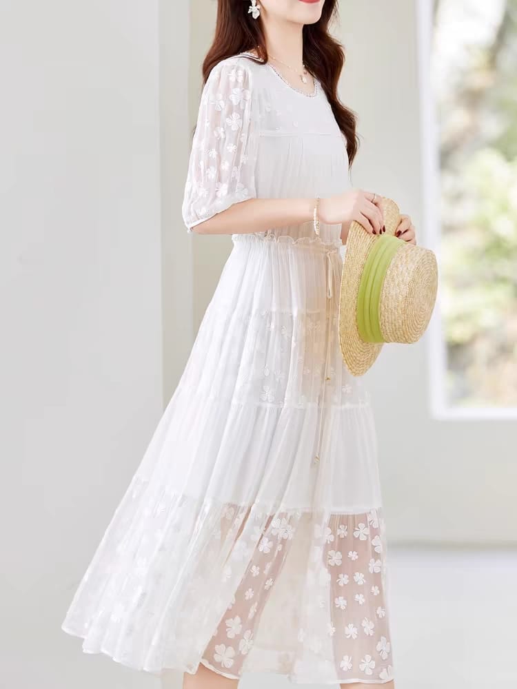 White Silk Dress Women's Skirt Lace 2024 New Summer Lightweight