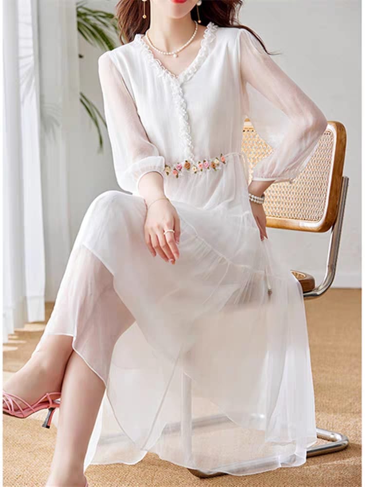 Silk dress women's skirt lace 2024 new style white