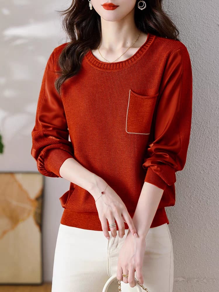 New spring and autumn long-sleeved ice silk sweater with inner hollow round neck